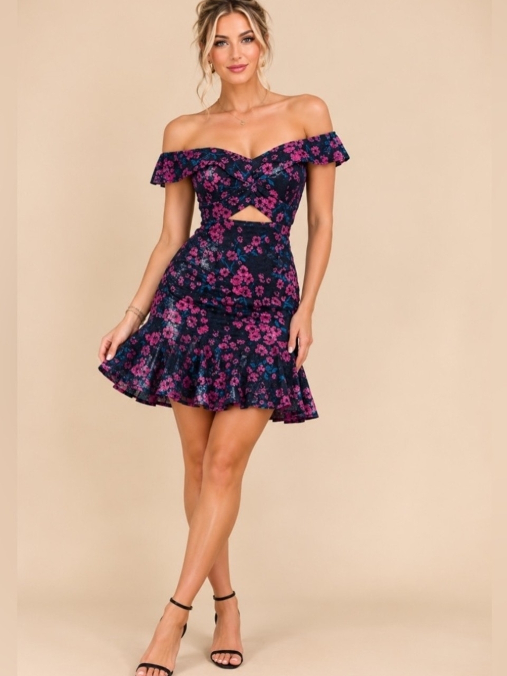 Wayf Black Mini Dress with Fuchsia Floral Print